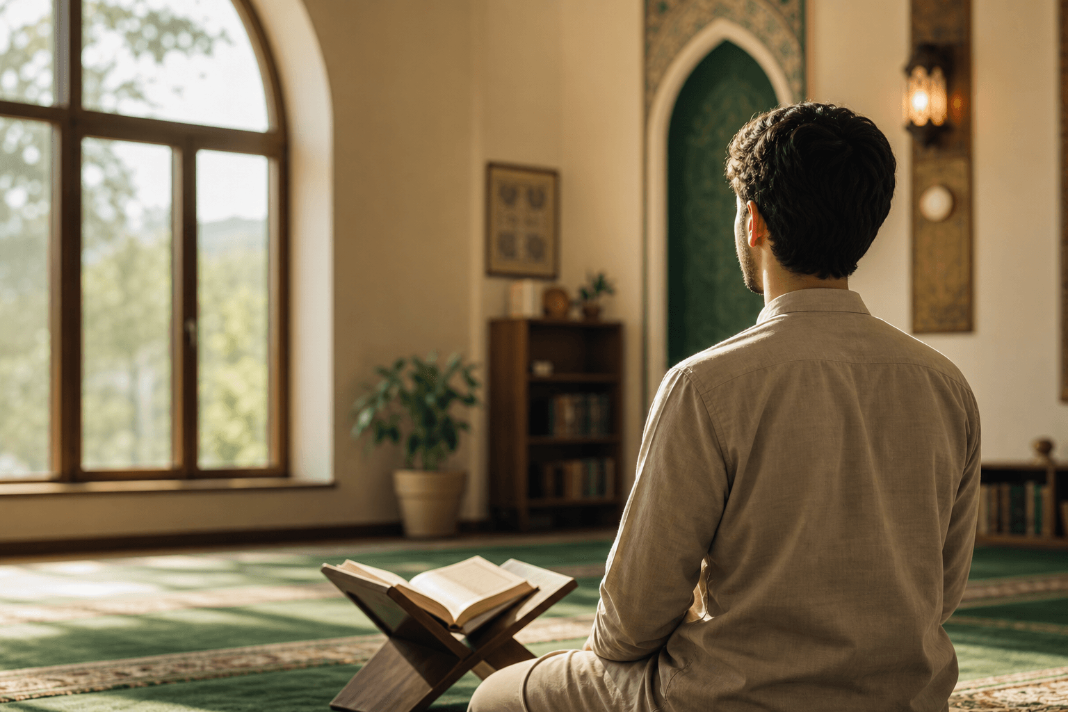 A man sitting peacefully in a sunlit mosque