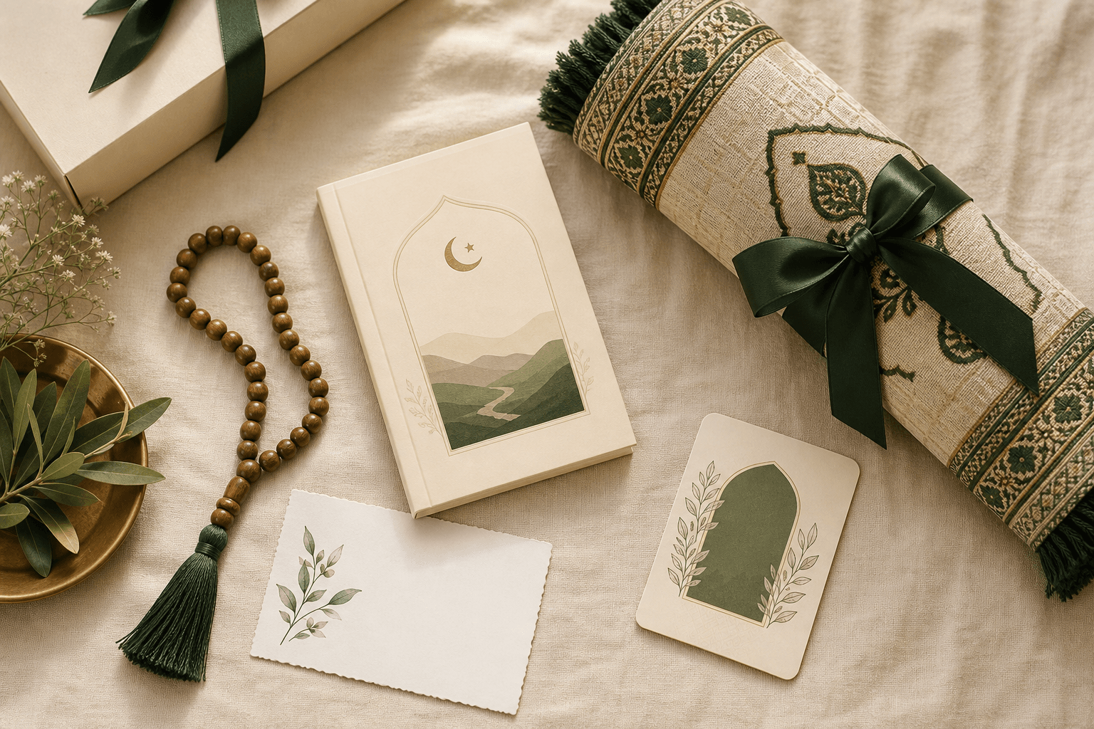 The Revert Starter Kit: prayer mat, prayer beads, beginner booklet and a welcome card
